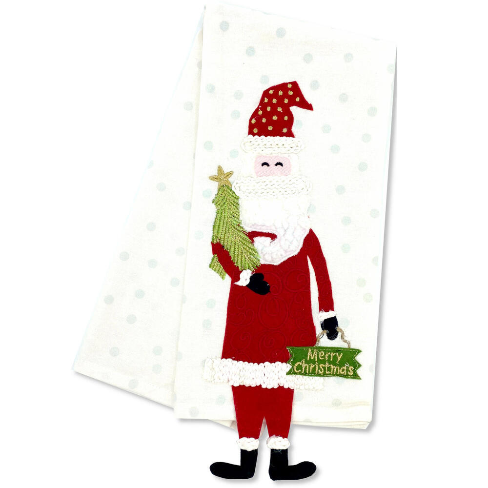 Christmas Kitchen Towel - Holiday Santa Embroidered Applique Tea Towel